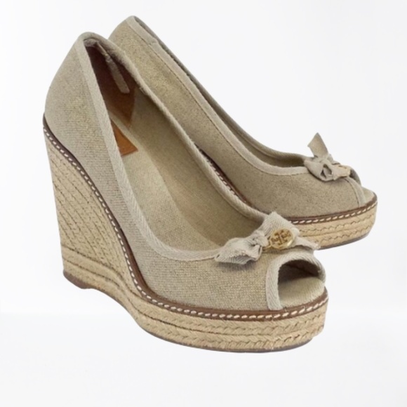 Tory Burch Jackie Peep Toe Espadrille Wedges US8 - Picture 1 of 10